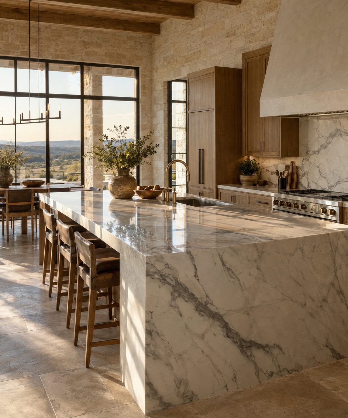 Calacatta marble kitchen island in a Texas Hill Country home