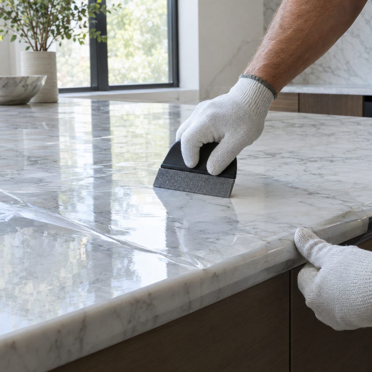Installer smoothing protective film onto marble