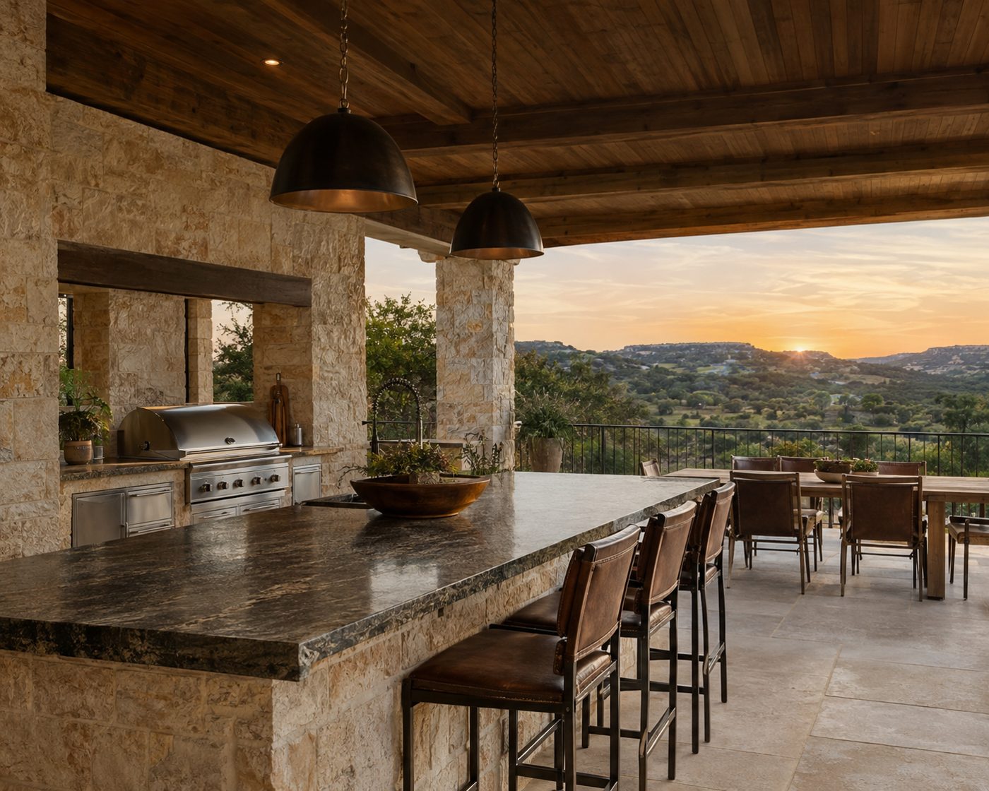 Texas Hill Country outdoor kitchen at sunset